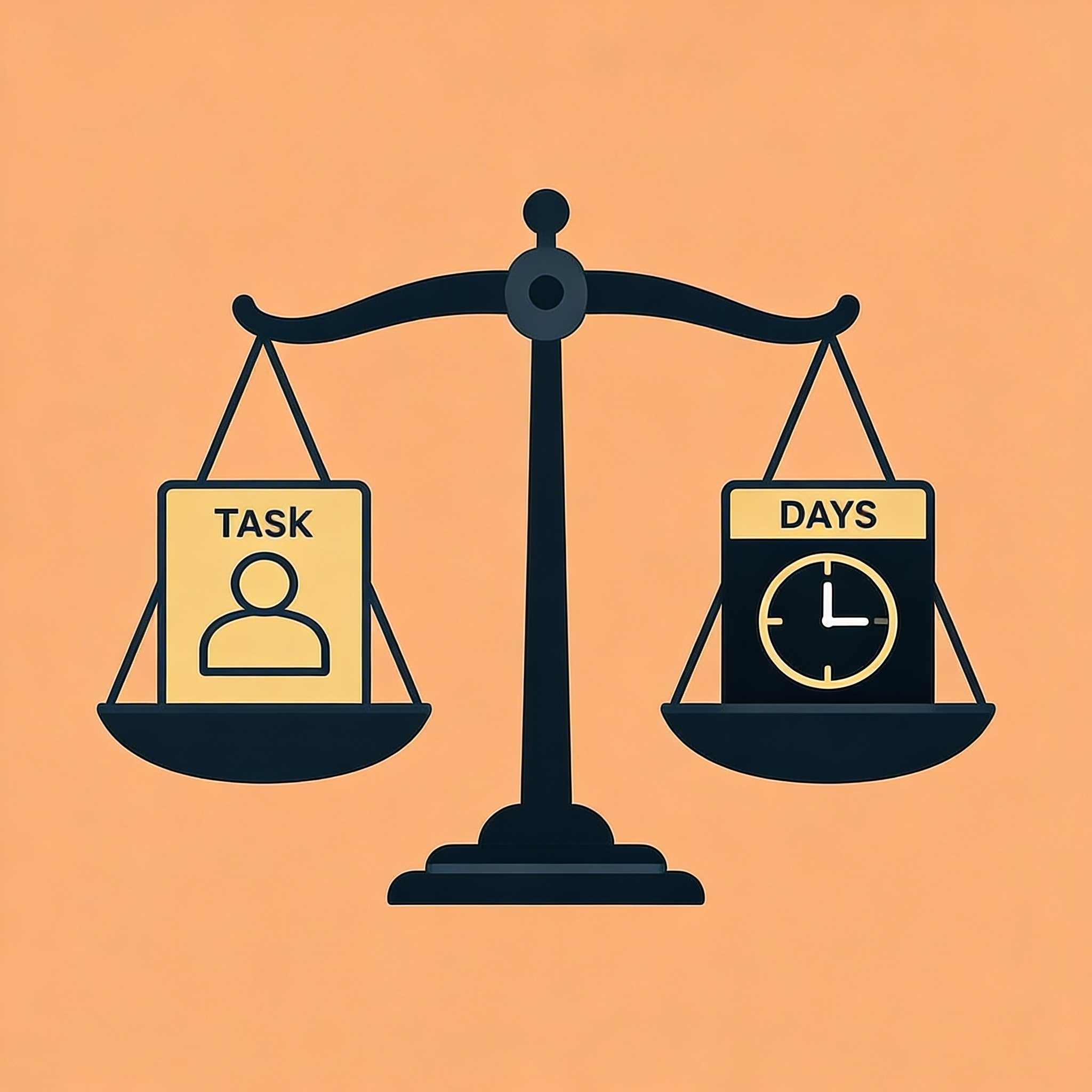 Balance scale comparing task simplicity on one side versus days of time required on the other